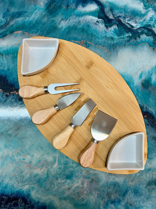 Football - Bamboo Charcuterie Board, 2 Sauce Dishes & 4 Utensils Set