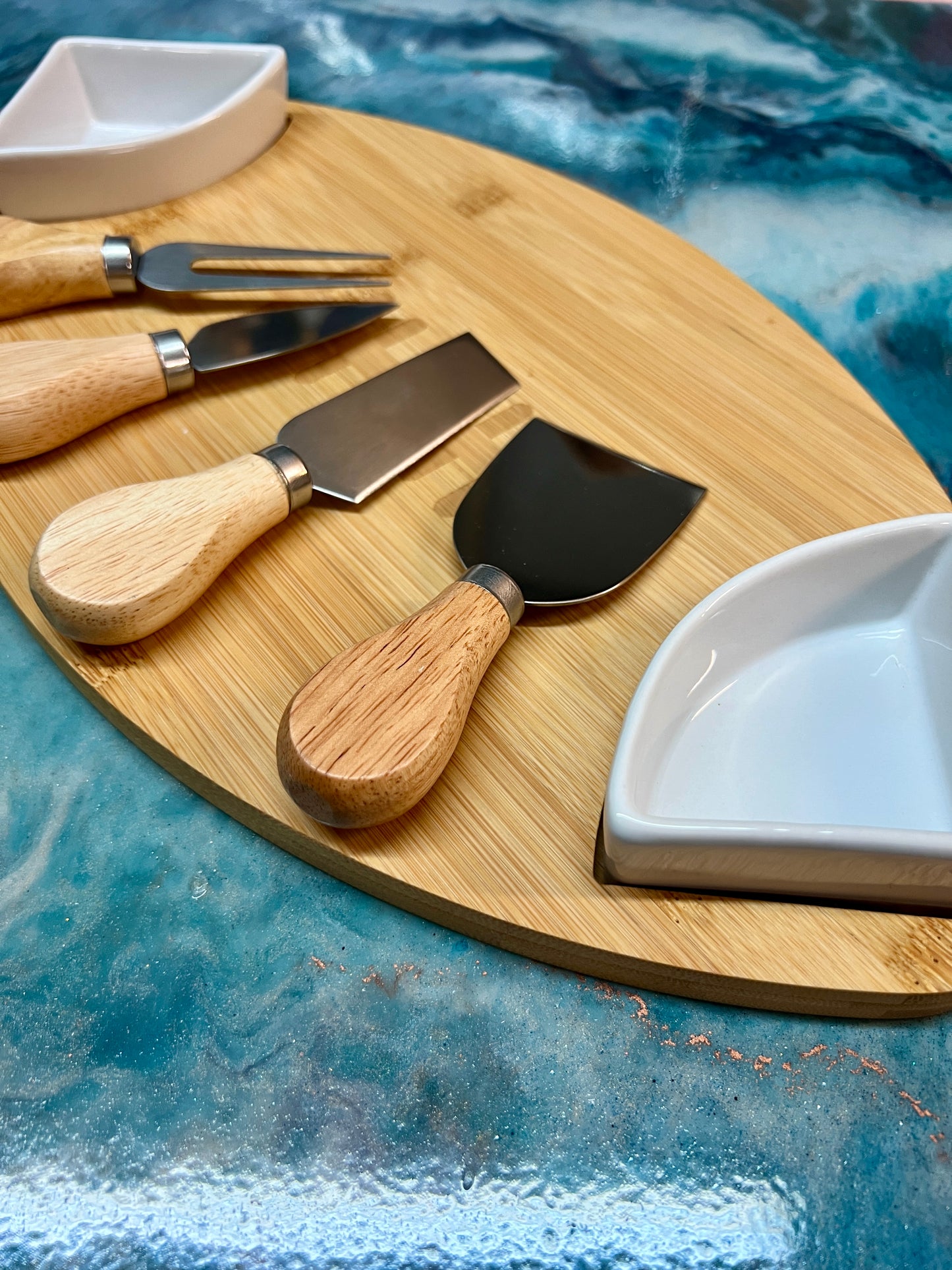 Football - Bamboo Charcuterie Board, 2 Sauce Dishes & 4 Utensils Set