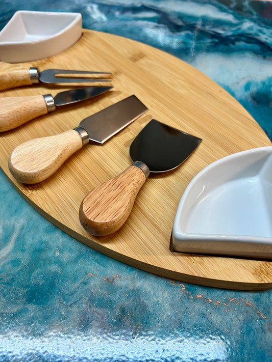 Football - Bamboo Charcuterie Board, 2 Sauce Dishes & 4 Utensils Set