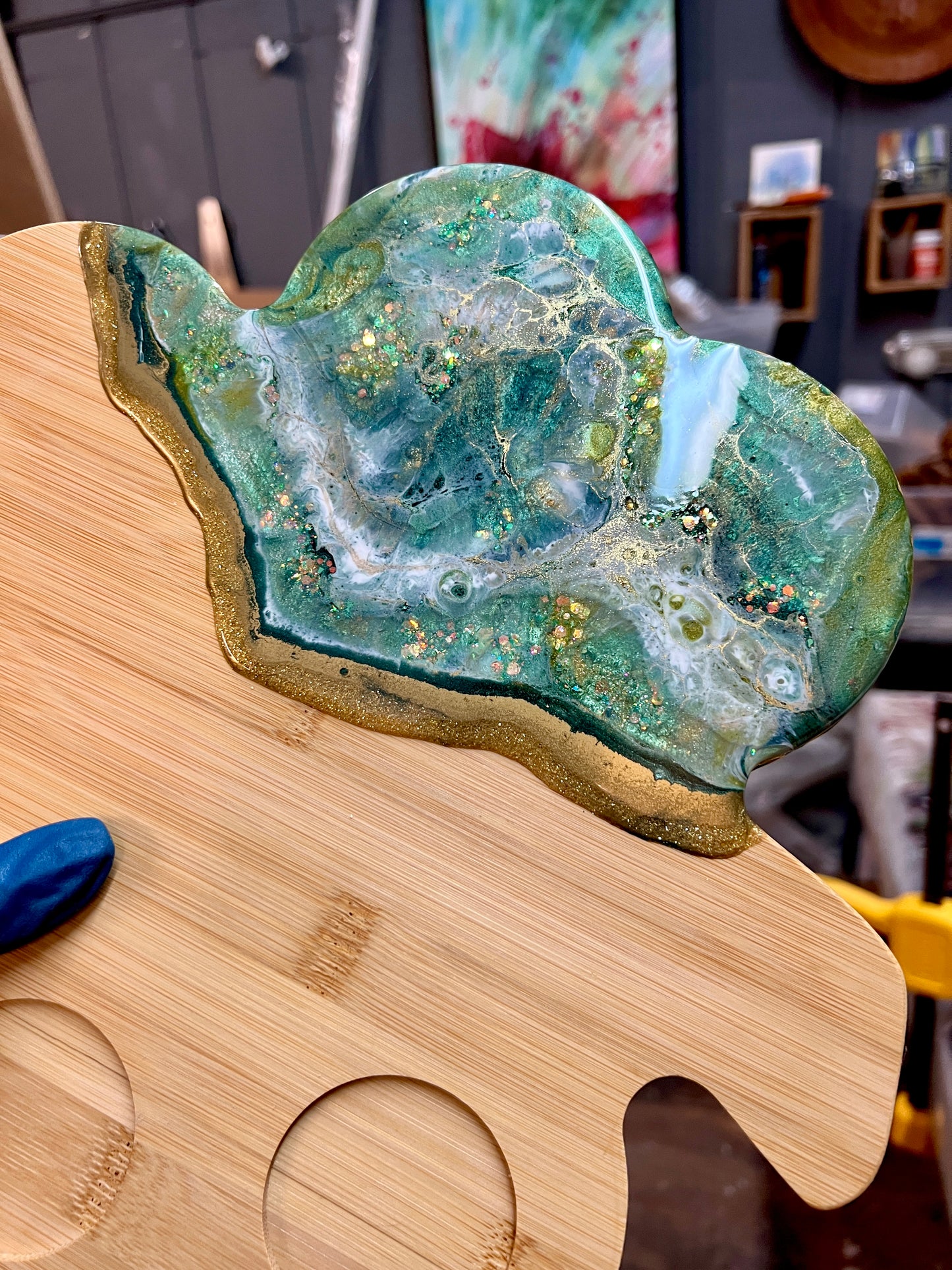 Lucky Shamrock - Bamboo Charcuterie Board, 3 sauce dishes & 4 Utensils Set