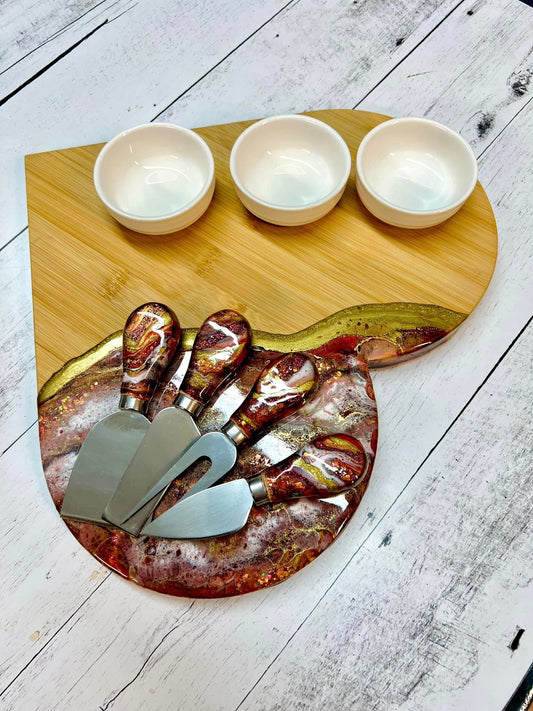 Be Mine Heart - Bamboo Charcuterie Board, 3 sauce dishes & 4 Utensils Set